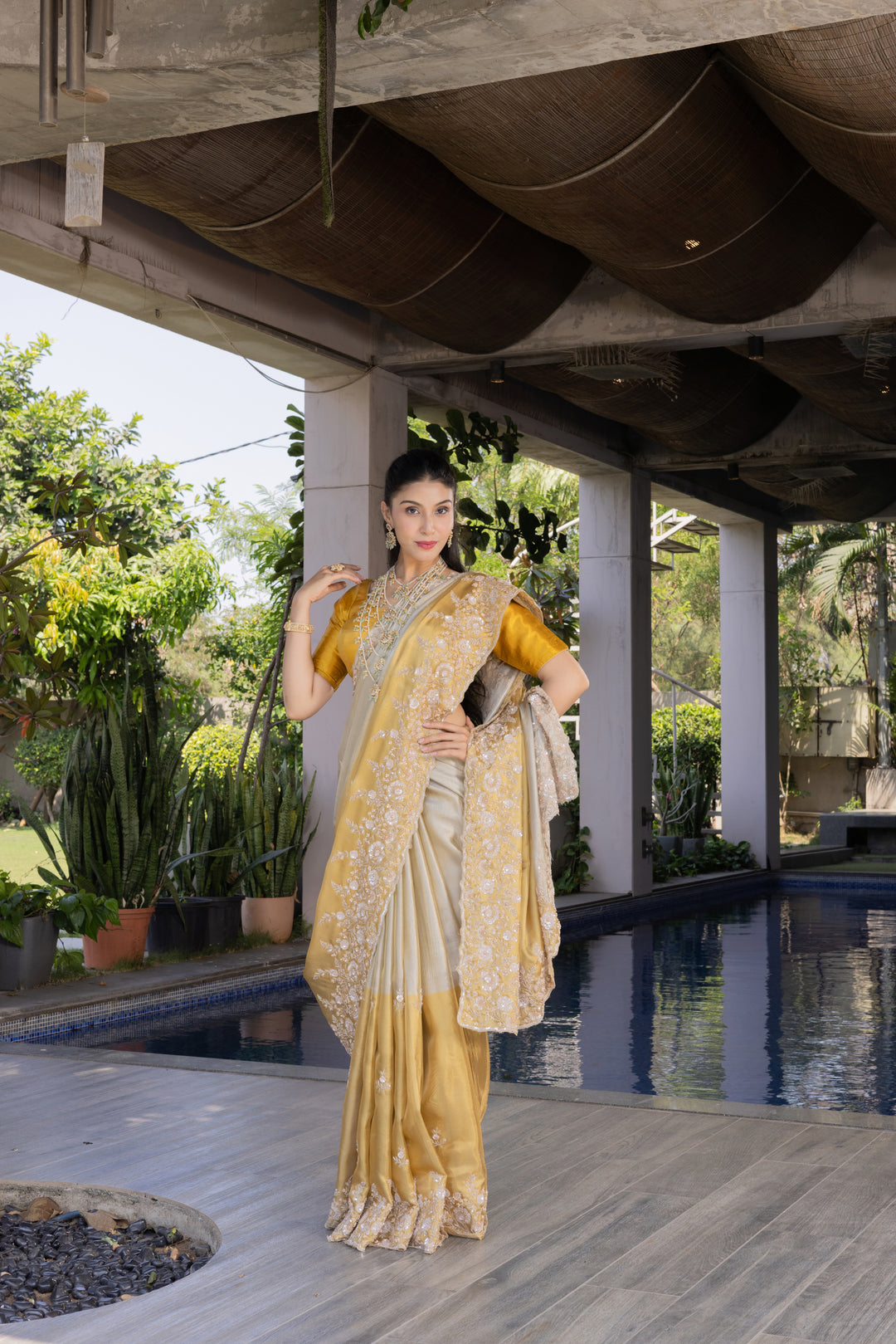 Champagne Gold Embroidered Designer Saree with Heavy Floral Border