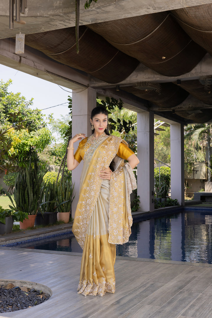 Champagne Gold Embroidered Designer Saree with Heavy Floral Border