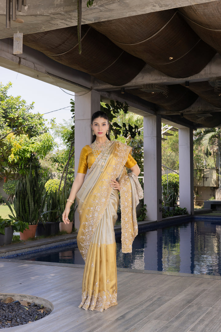 Champagne Gold Embroidered Designer Saree with Heavy Floral Border