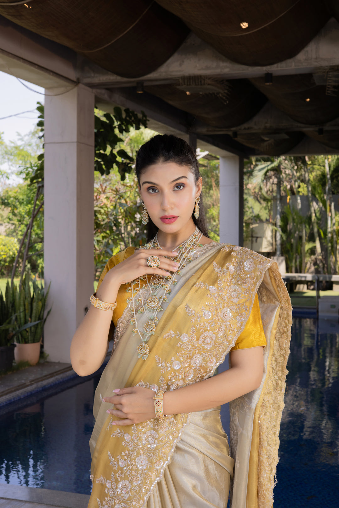 Champagne Gold Embroidered Designer Saree with Heavy Floral Border