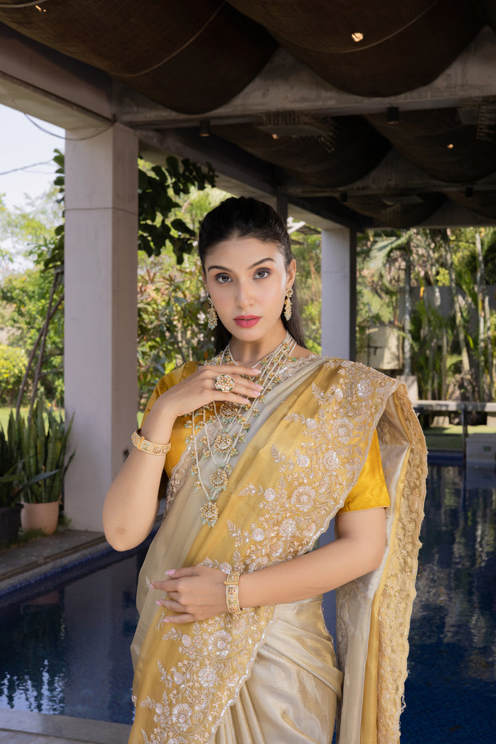 Champagne Gold Embroidered Designer Saree with Heavy Floral Border