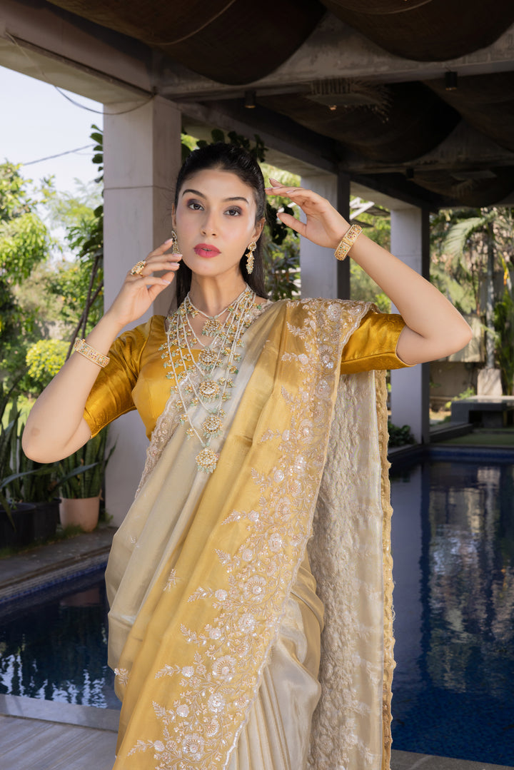Champagne Gold Embroidered Designer Saree with Heavy Floral Border