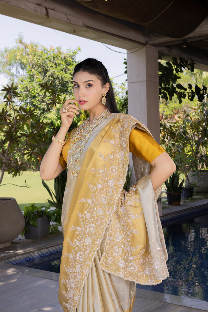 Champagne Gold Embroidered Designer Saree with Heavy Floral Border