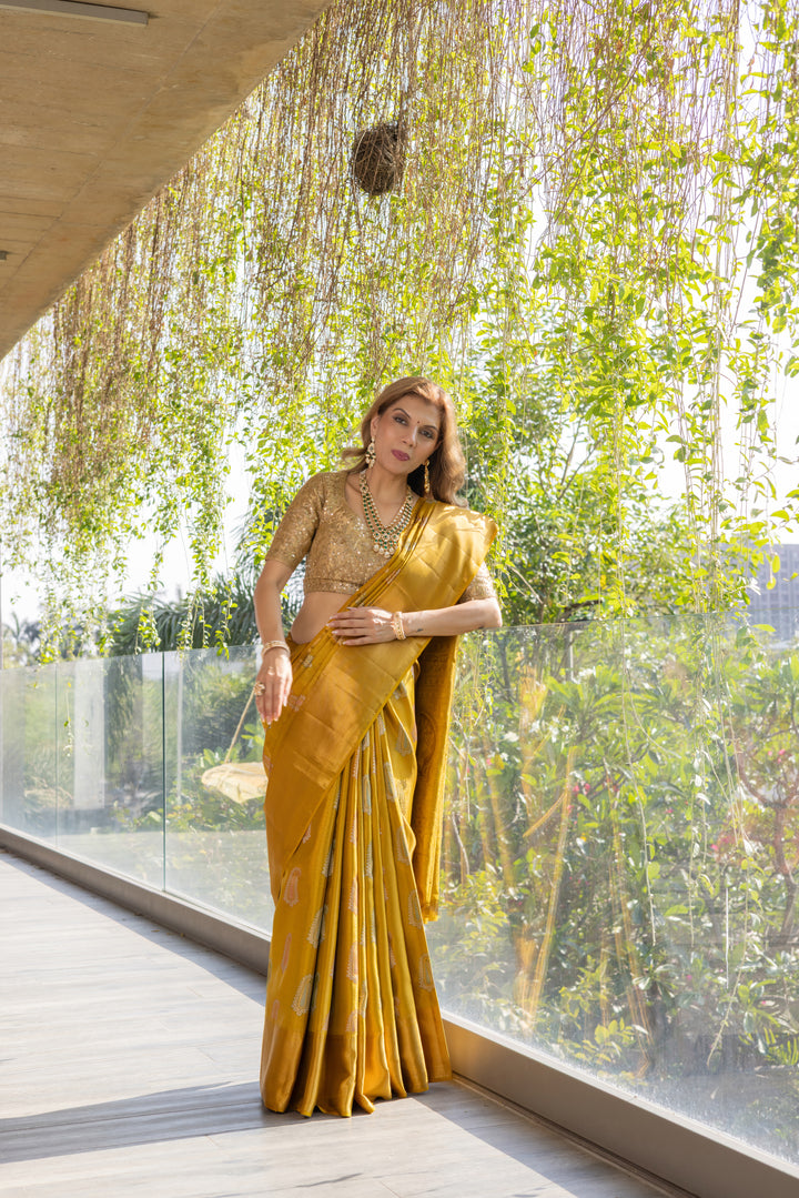 Mustard Gold Banarasi Silk Saree with Elegant Zari Motifs & Rich Pallu