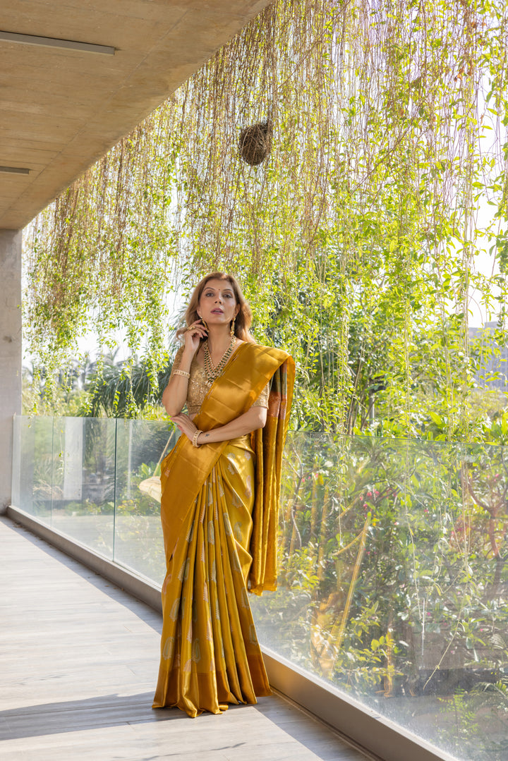 Mustard Gold Banarasi Silk Saree with Elegant Zari Motifs & Rich Pallu