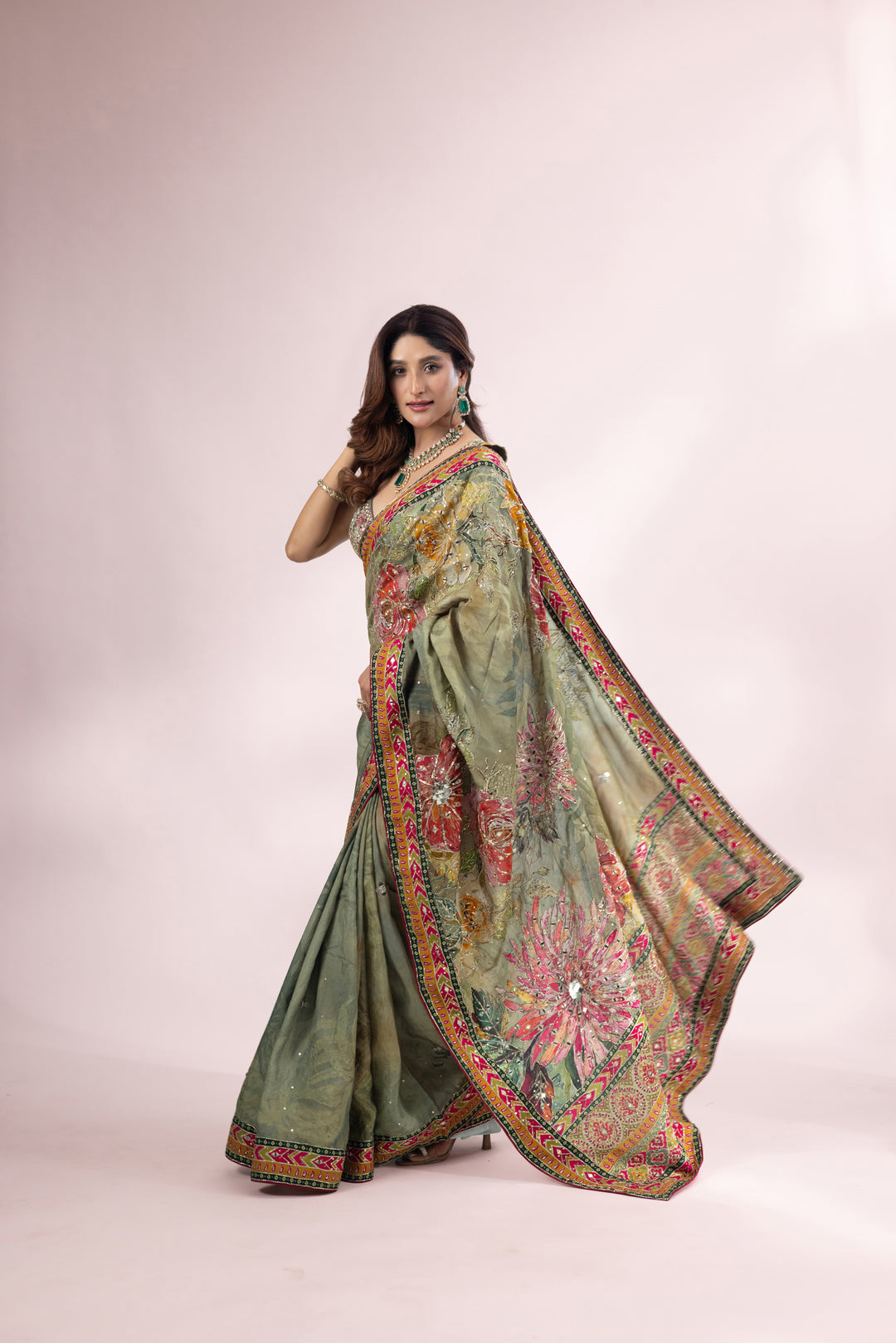 Olive Green Designer Printed Saree with Embroidered Border