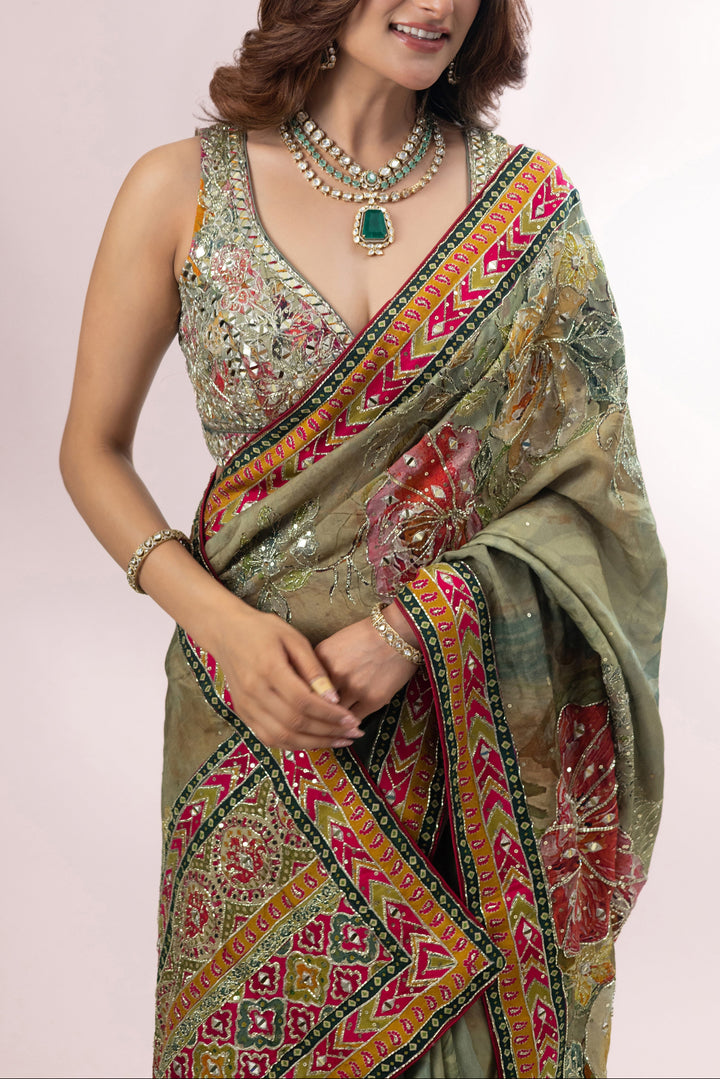 Olive Green Designer Printed Saree with Embroidered Border