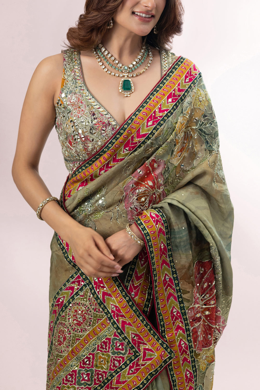 Olive Green Designer Printed Saree with Embroidered Border