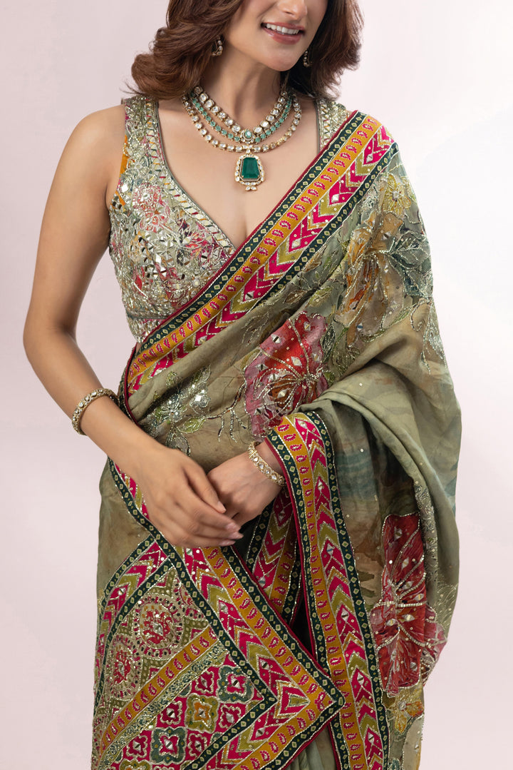 Olive Green Designer Printed Saree with Embroidered Border