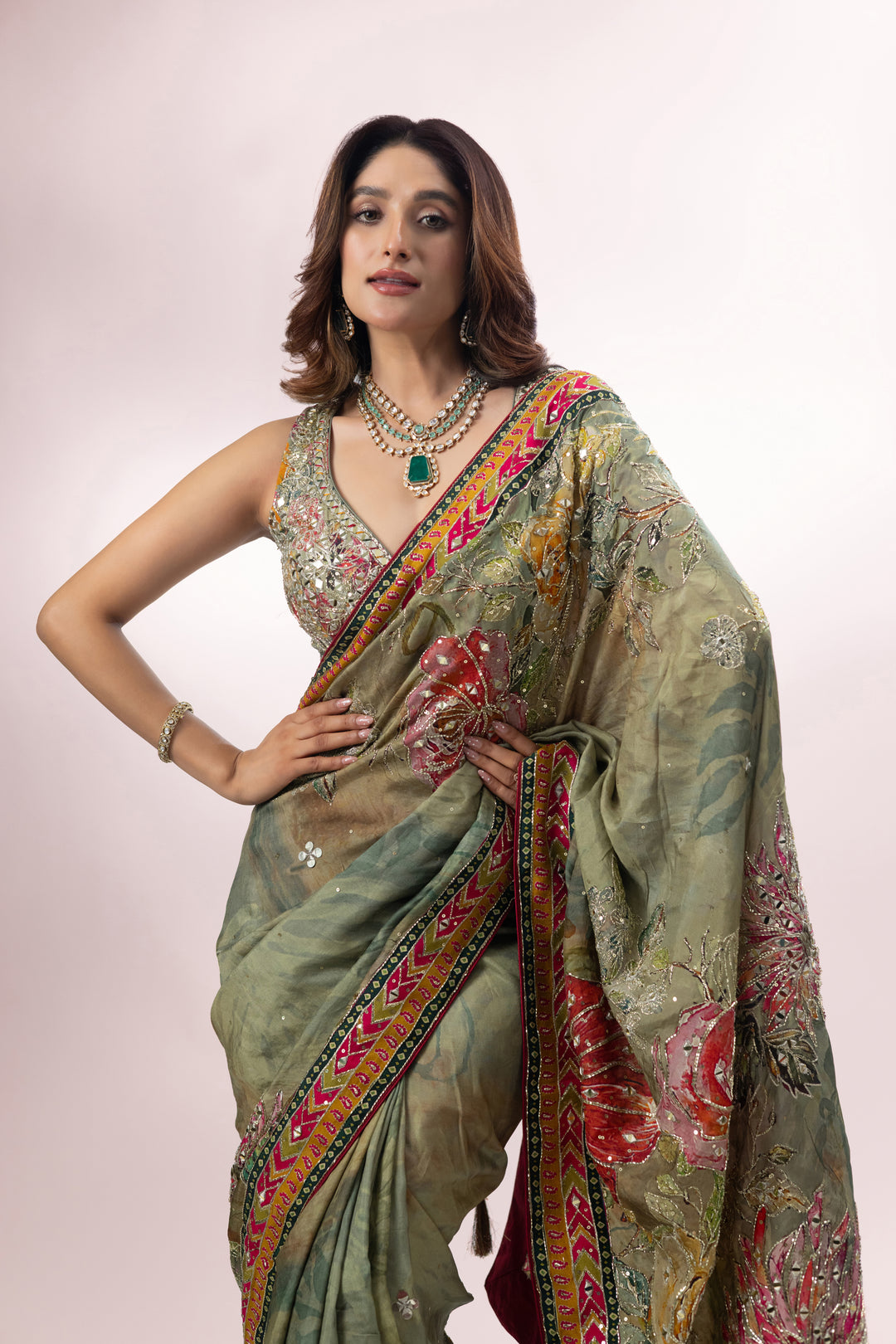 Olive Green Designer Printed Saree with Embroidered Border