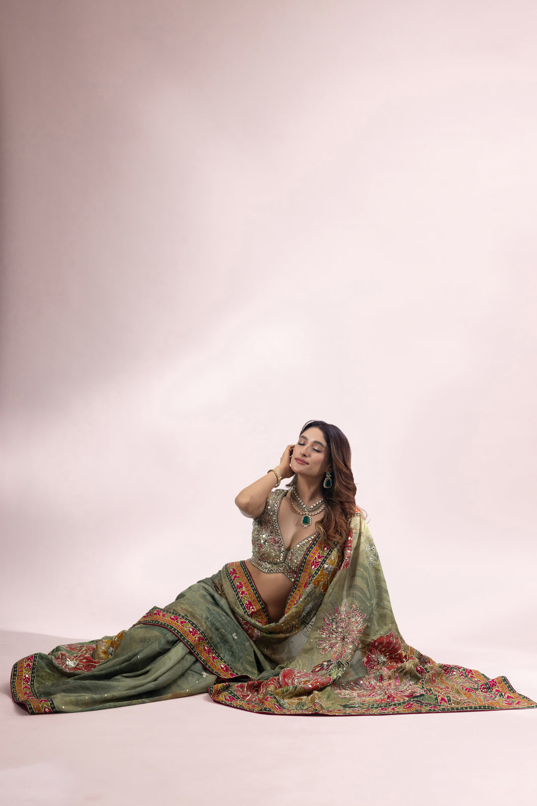 Olive Green Designer Printed Saree with Embroidered Border