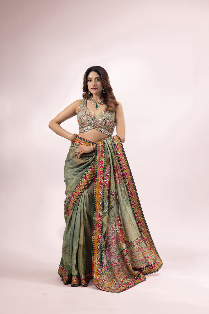 Olive Green Designer Printed Saree with Embroidered Border