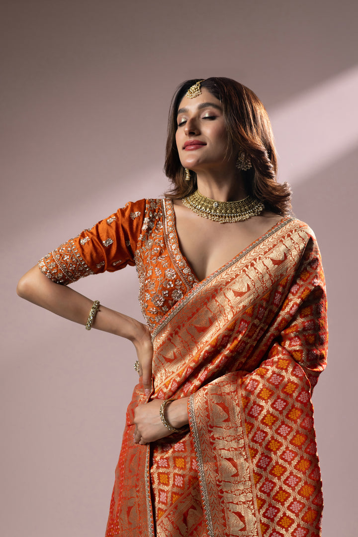 Royal Orange Banarasi Silk Saree with Traditional Zari Weaving