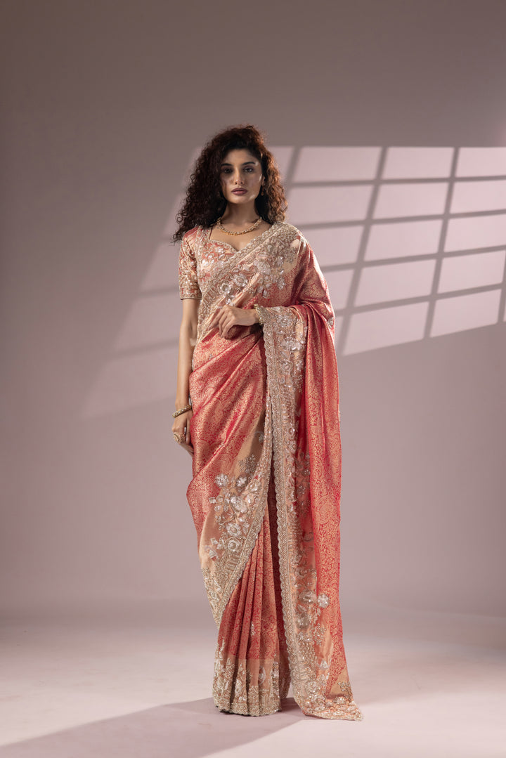 Peach Gold Designer Banarasi Saree with Rich Embroidery