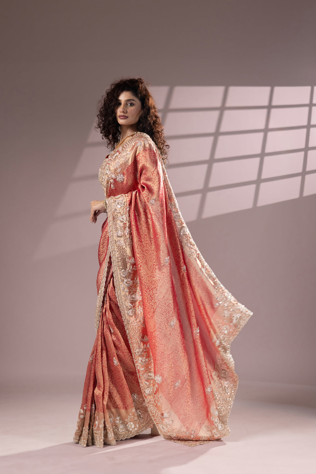 Peach Gold Designer Banarasi Saree with Rich Embroidery