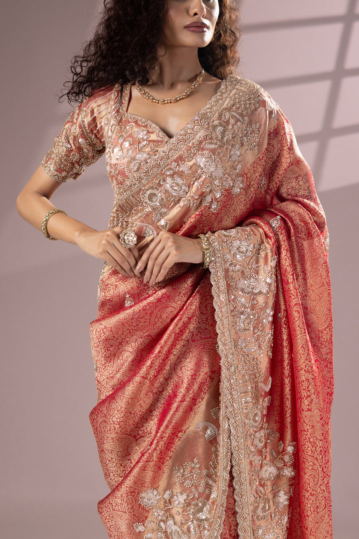 Peach Gold Designer Banarasi Saree with Rich Embroidery
