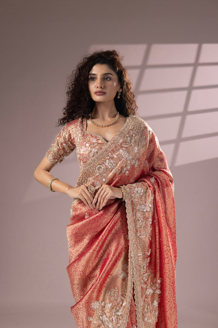Peach Gold Designer Banarasi Saree with Rich Embroidery