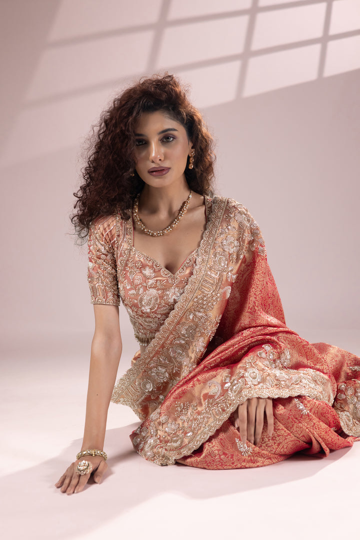 Peach Gold Designer Banarasi Saree with Rich Embroidery