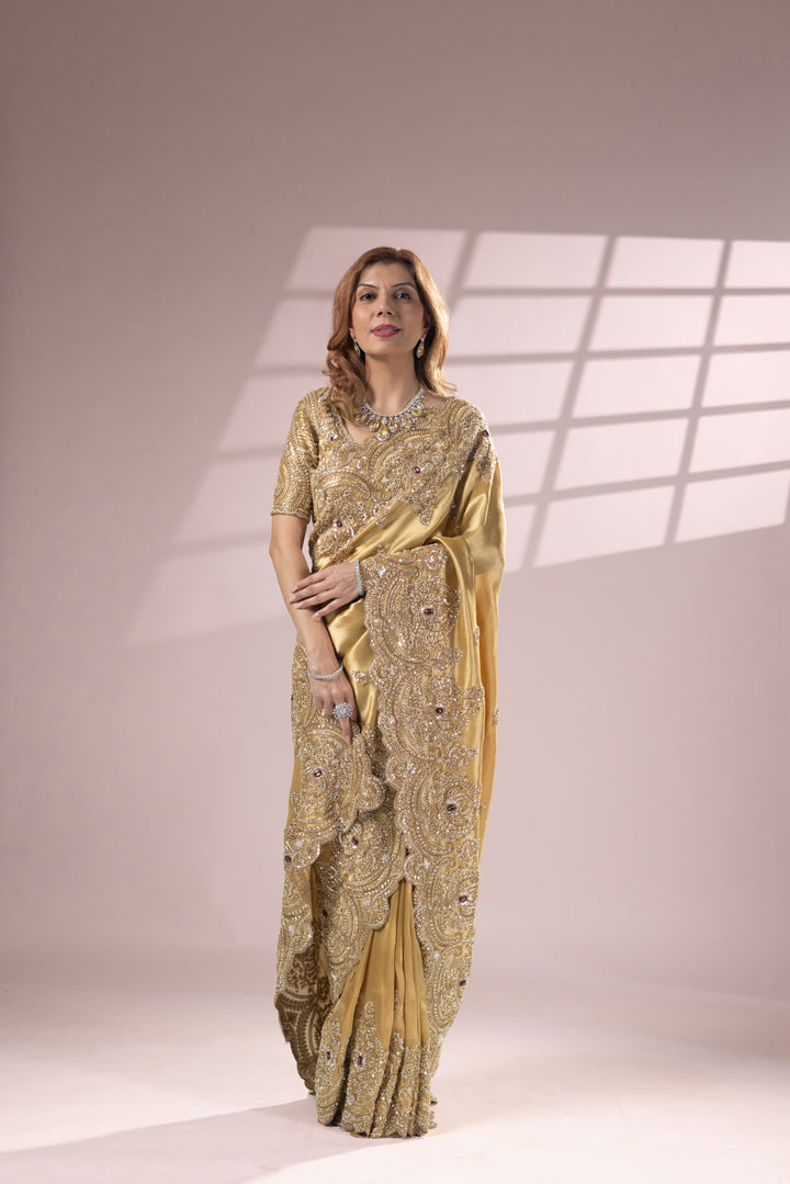 Golden Designer Silk Saree with Heavy Embroidery