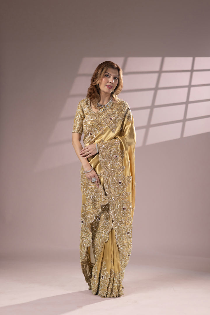 Golden Designer Silk Saree with Heavy Embroidery