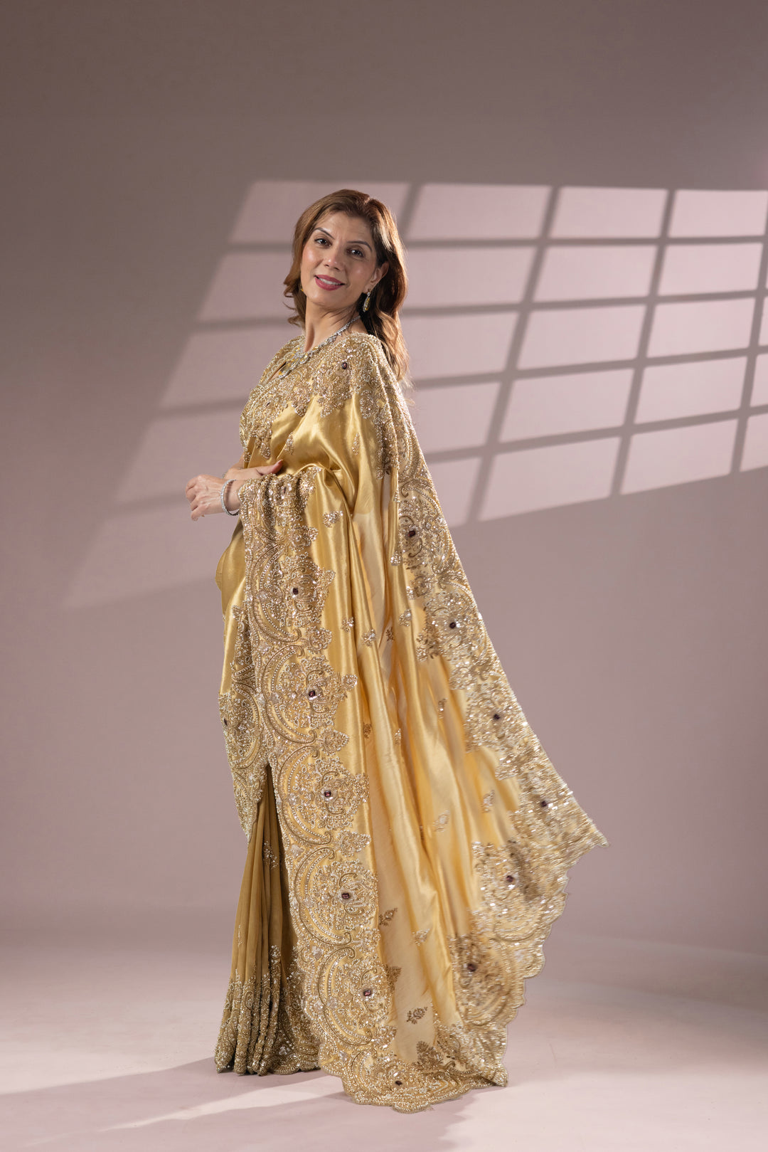 Golden Designer Silk Saree with Heavy Embroidery