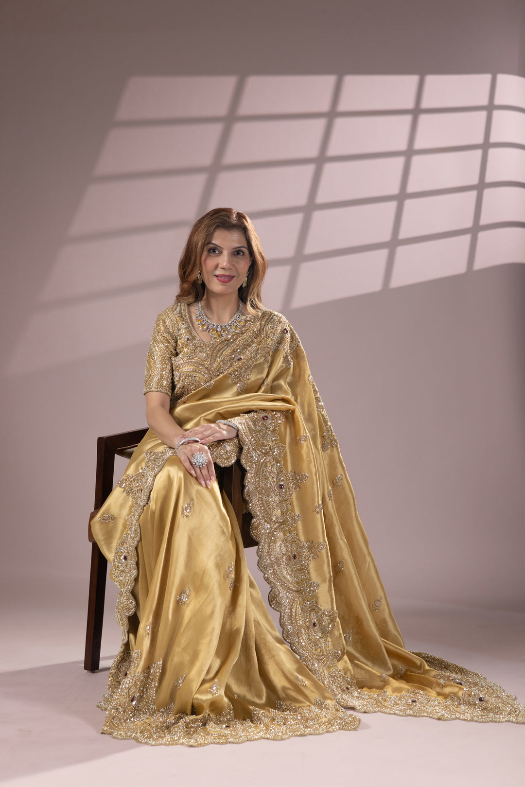 Golden Designer Silk Saree with Heavy Embroidery