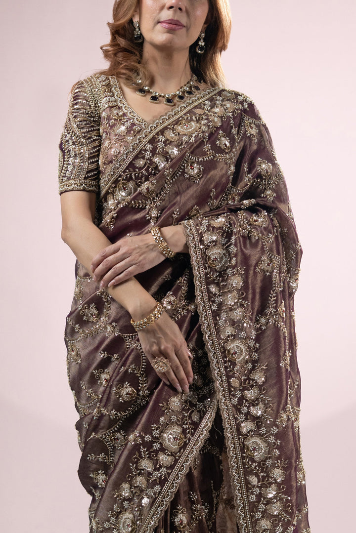 Chocolate Brown Designer Silk Saree with Heavy Zari Embroidery