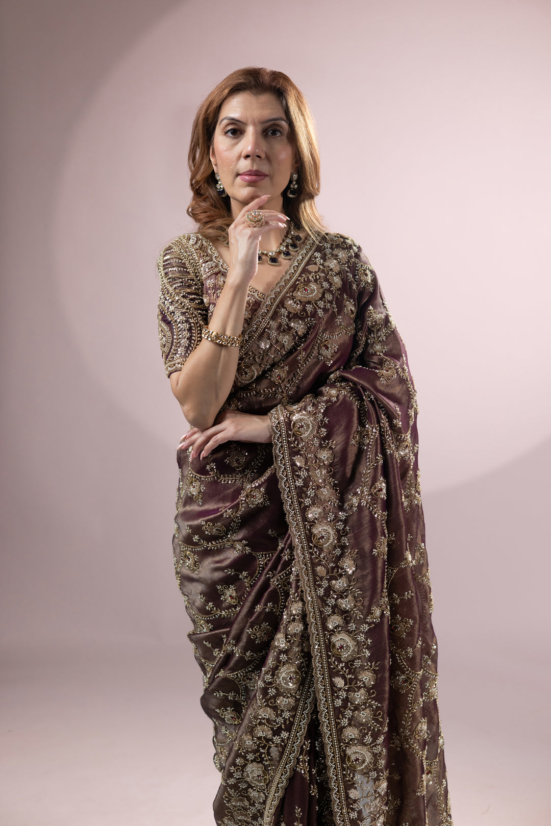 Chocolate Brown Designer Silk Saree with Heavy Zari Embroidery