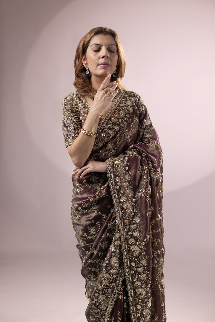 Chocolate Brown Designer Silk Saree with Heavy Zari Embroidery