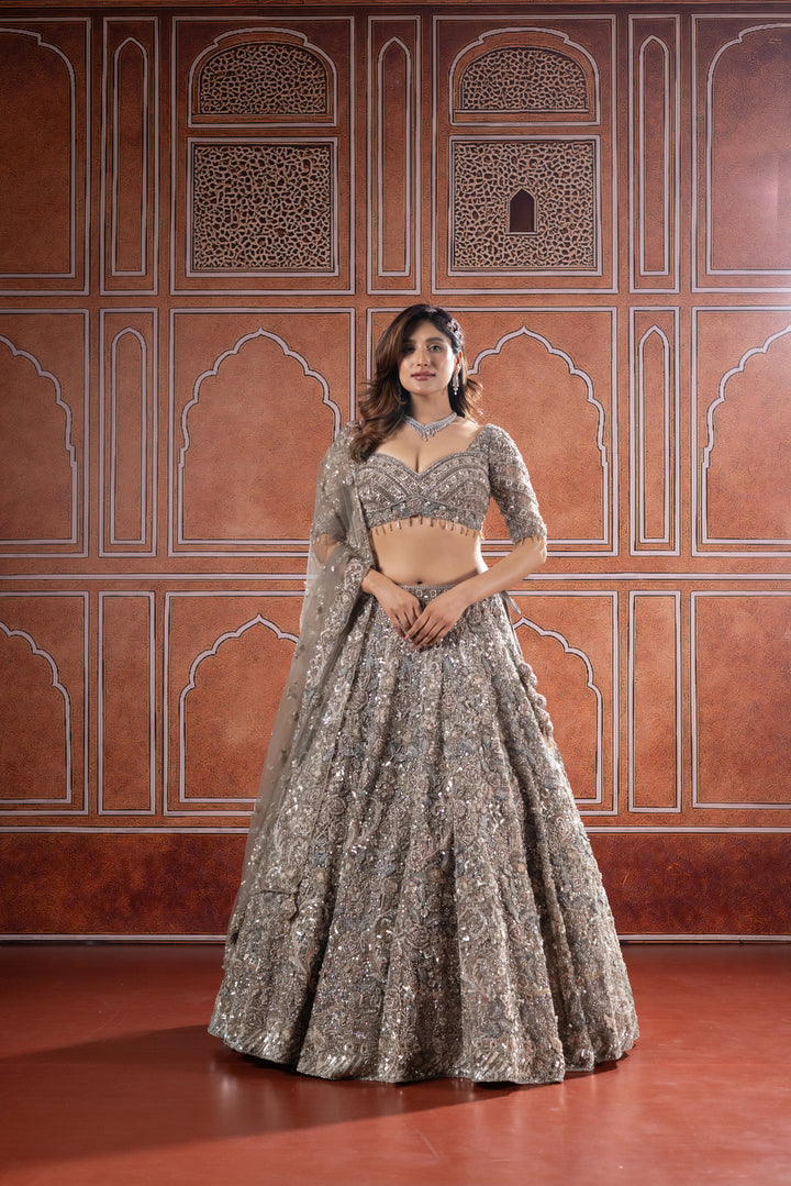 Champagne Silver Designer Bridal Lehenga with Heavy Embroidery