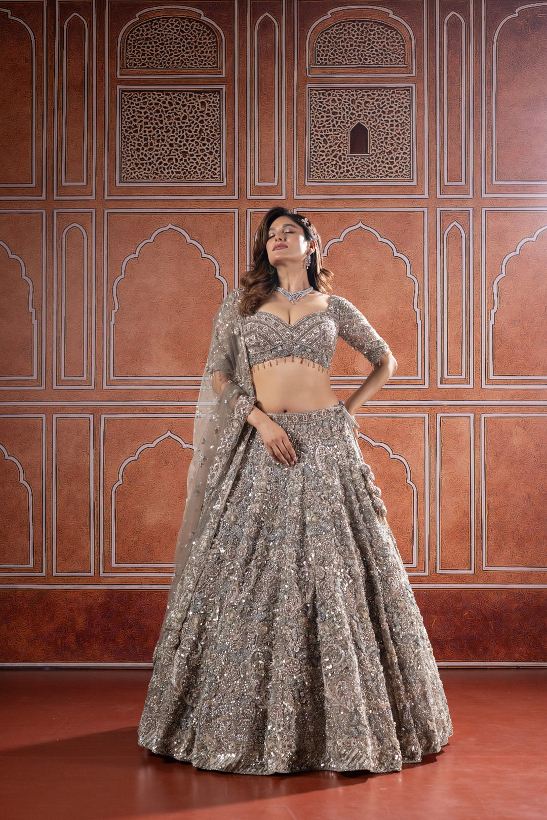 Champagne Silver Designer Bridal Lehenga with Heavy Embroidery