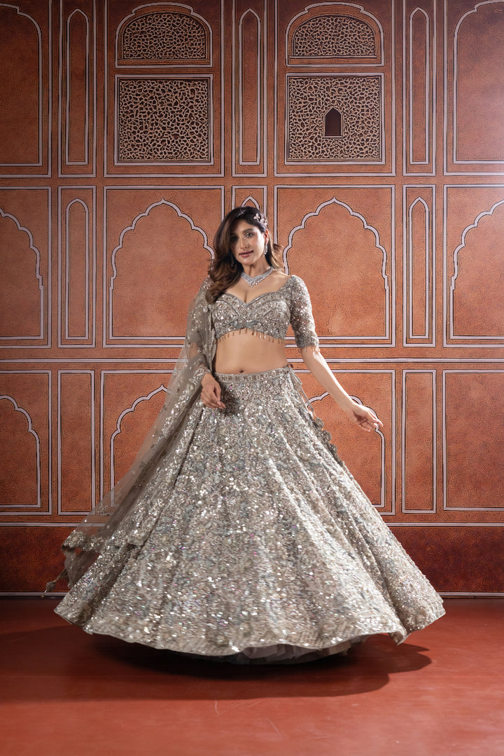 Champagne Silver Designer Bridal Lehenga with Heavy Embroidery