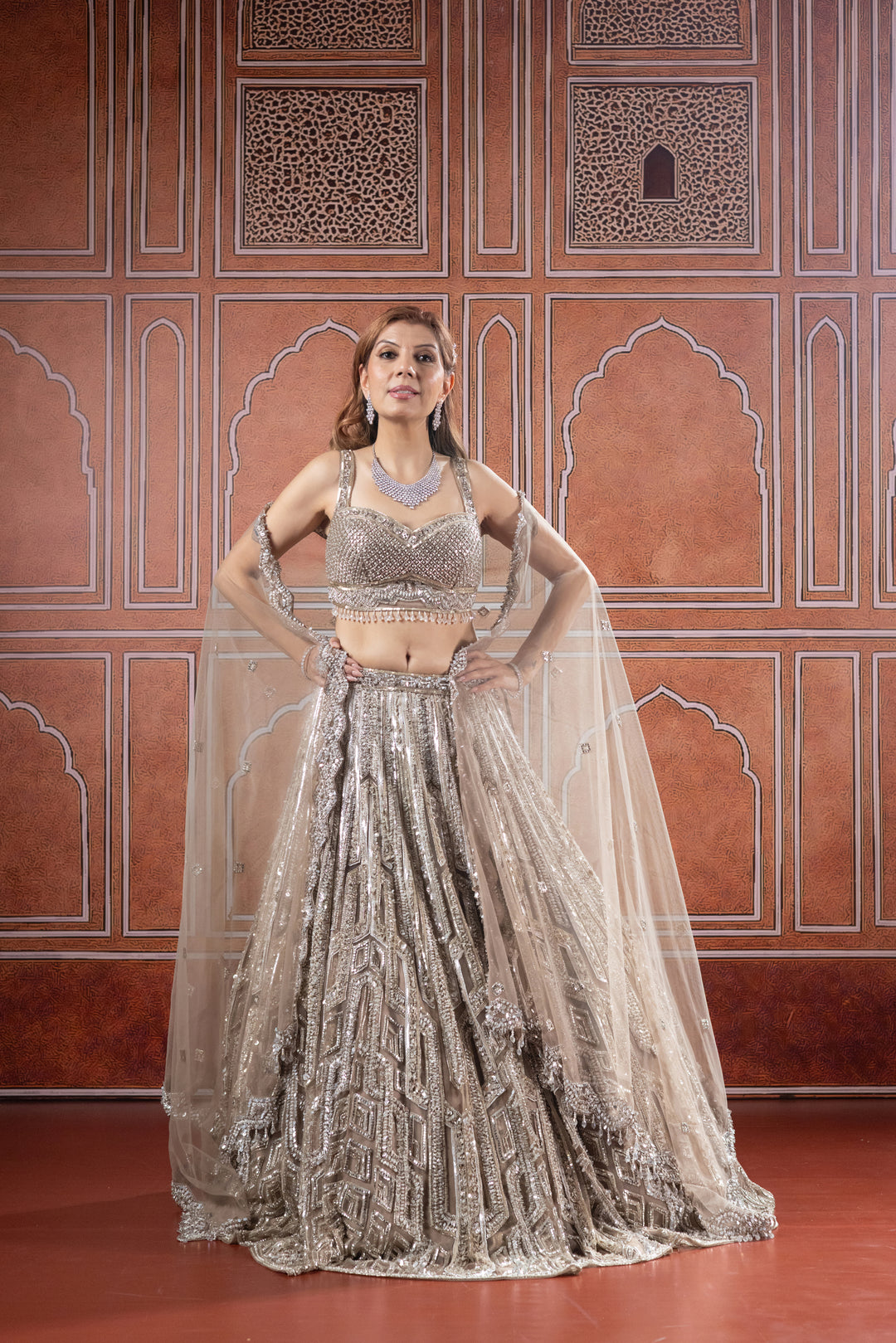 Champagne Gold Designer Embroidered Bridal Lehenga with Net Dupatta
