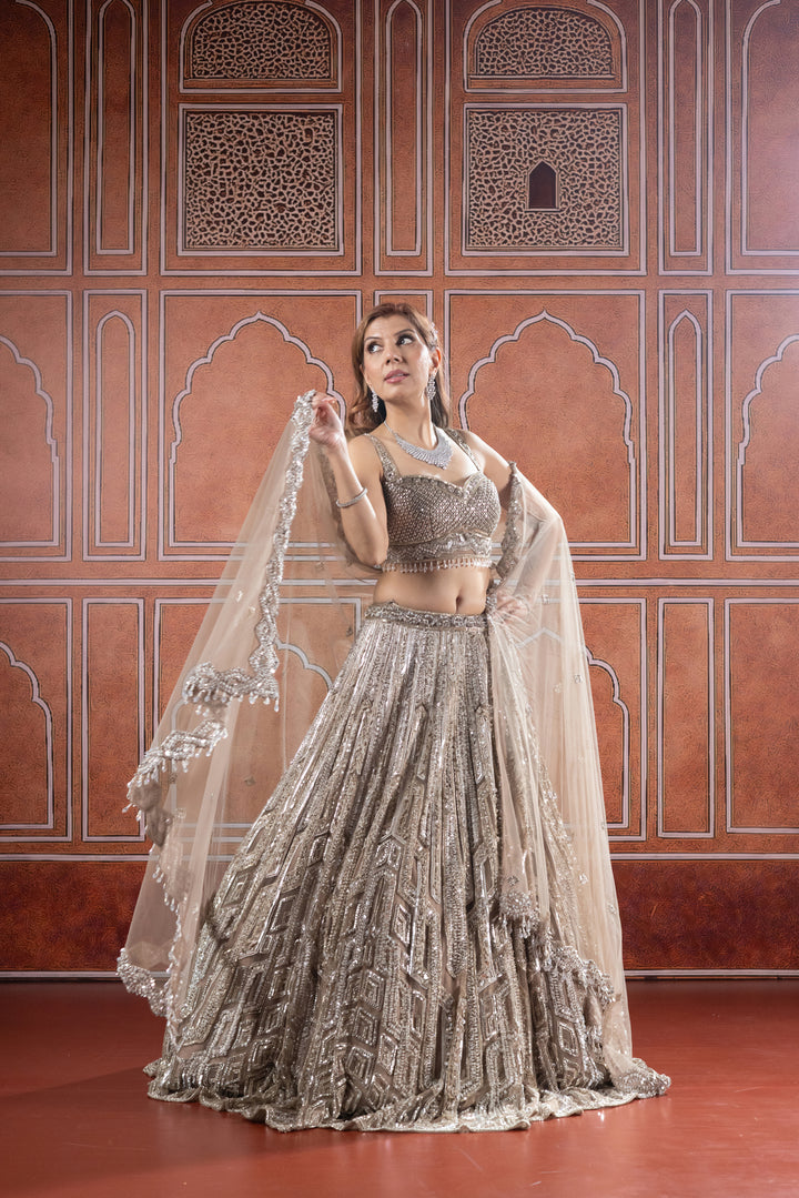 Champagne Gold Designer Embroidered Bridal Lehenga with Net Dupatta