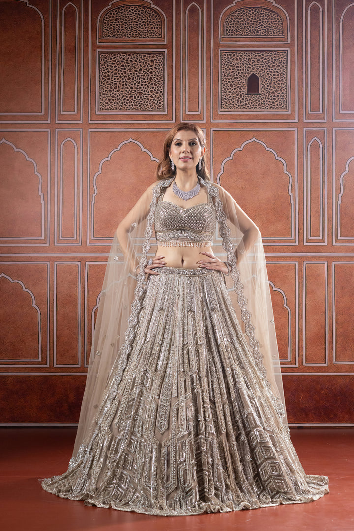 Champagne Gold Designer Embroidered Bridal Lehenga with Net Dupatta