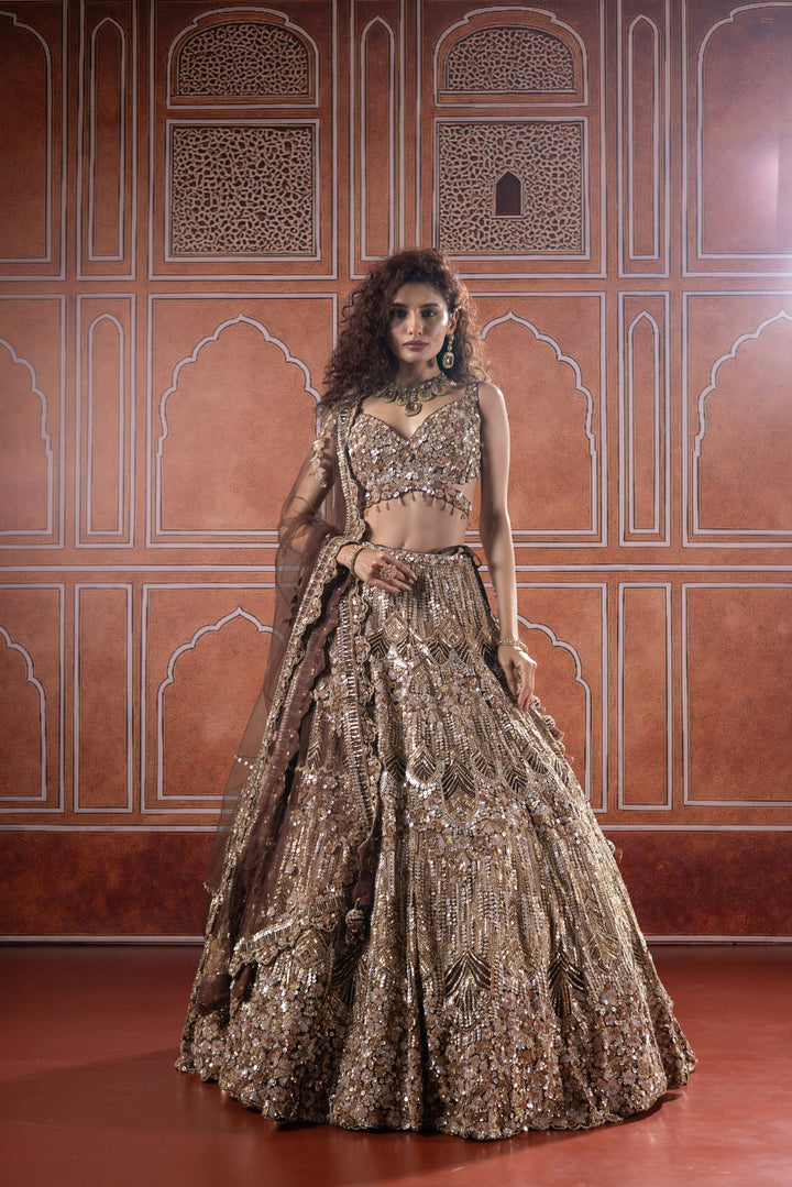 Chocolate Bronze Designer Bridal Lehenga with Heavy Sequin Embroidery