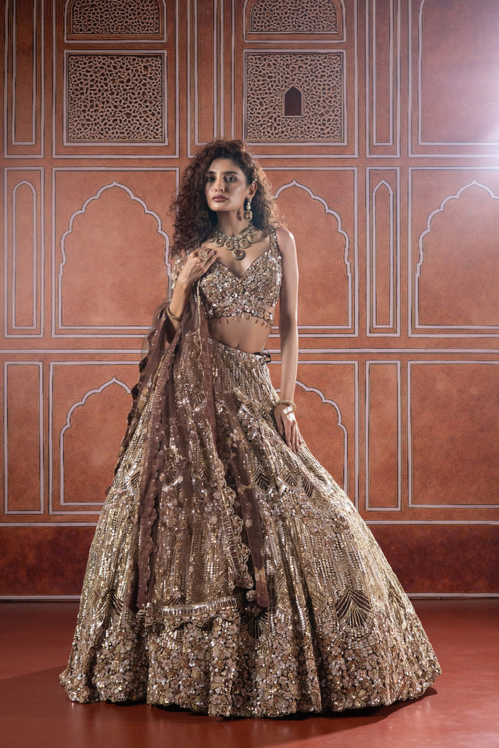 Chocolate Bronze Designer Bridal Lehenga with Heavy Sequin Embroidery