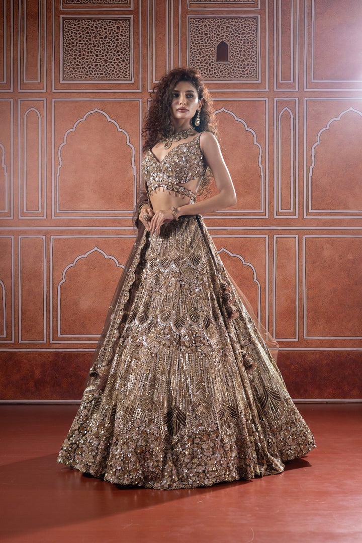 Chocolate Bronze Designer Bridal Lehenga with Heavy Sequin Embroidery