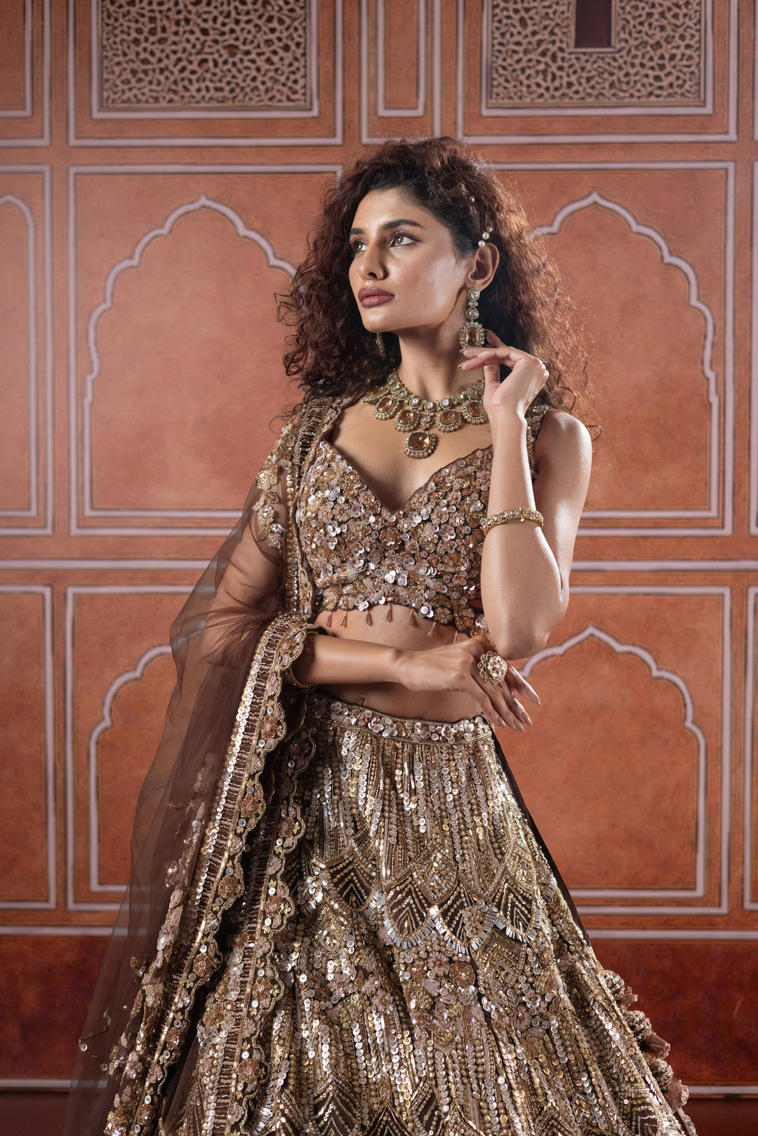 Chocolate Bronze Designer Bridal Lehenga with Heavy Sequin Embroidery