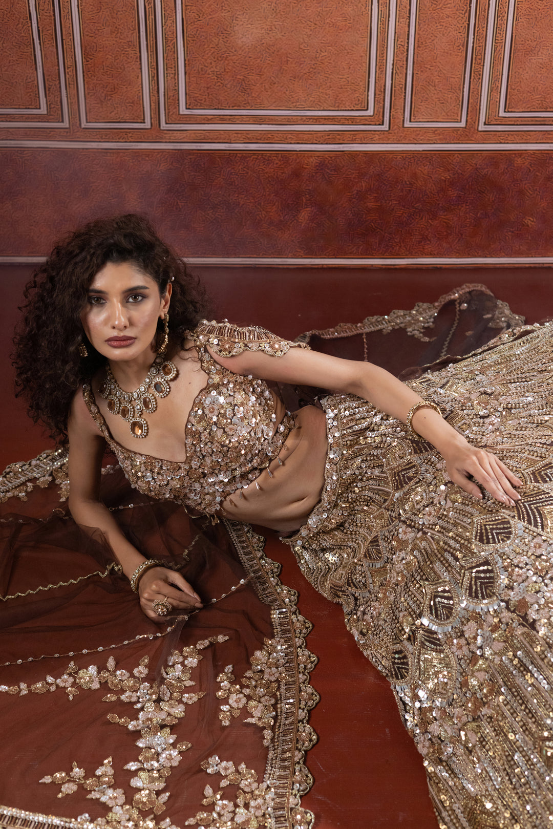 Chocolate Bronze Designer Bridal Lehenga with Heavy Sequin Embroidery