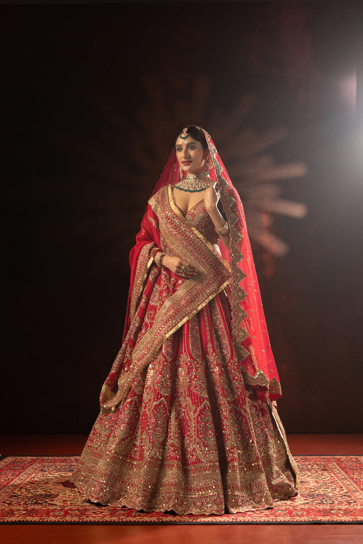Royal Red Designer Bridal Lehenga with Heavy Zari Embroidery