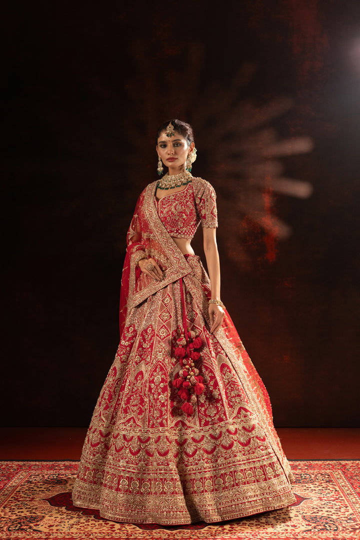 Royal Crimson Designer Bridal Lehenga with Heavy Gold Embroidery