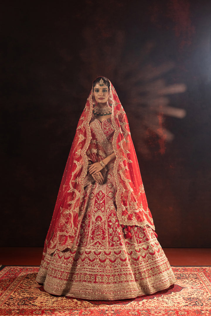 Royal Crimson Designer Bridal Lehenga with Heavy Gold Embroidery