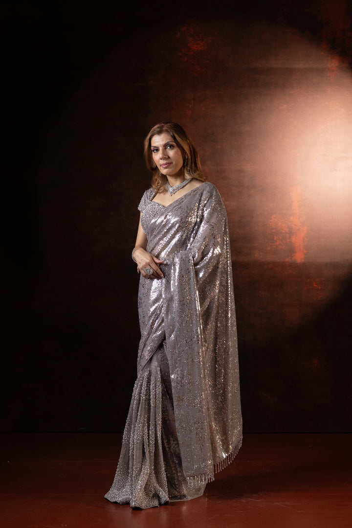 Champagne Silver Sequin Designer Party Wear Saree