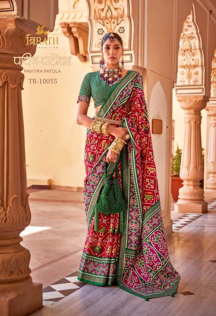 Red & Green Patola Silk Saree with Intricate Double Ikat Weaving and Unstitched Blouse