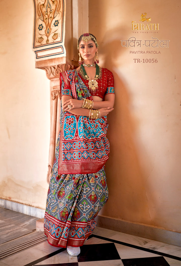 Grey Patola Silk Saree with Red Border and Intricate Weaving, Paired with Unstitched Blouse