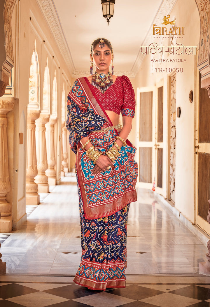 Red & Navy Patola Silk Saree with Intricate Geometric Weav, Paired with a Matching Blouse