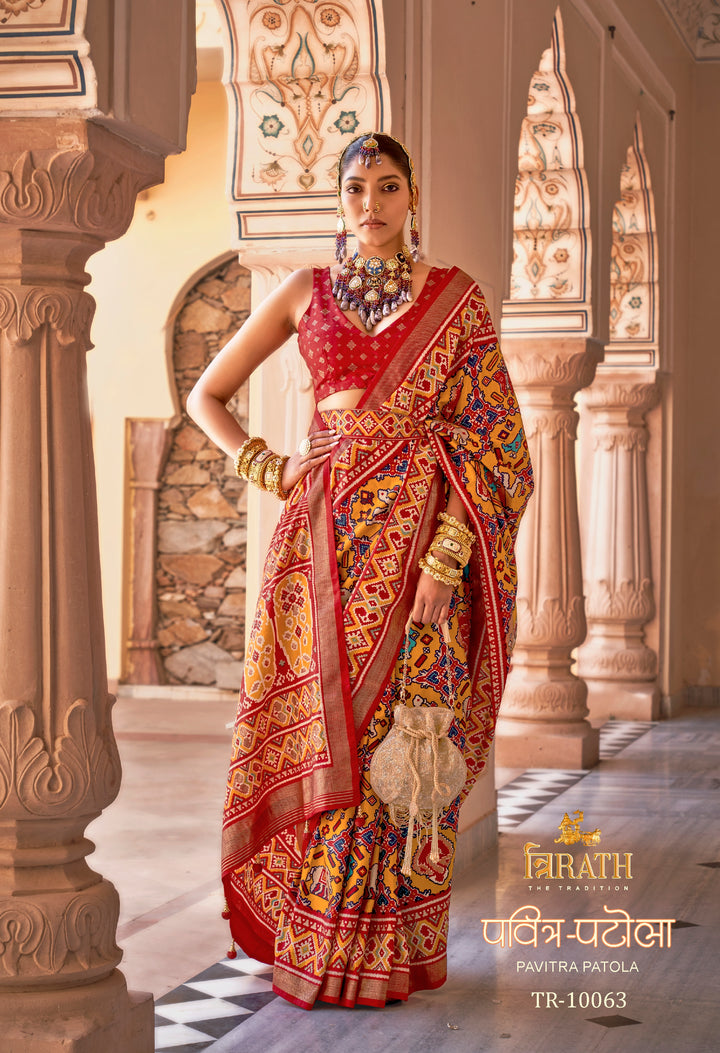 Red & Yellow Patola Silk Saree with Geometric Weaving, Paired with Blouse