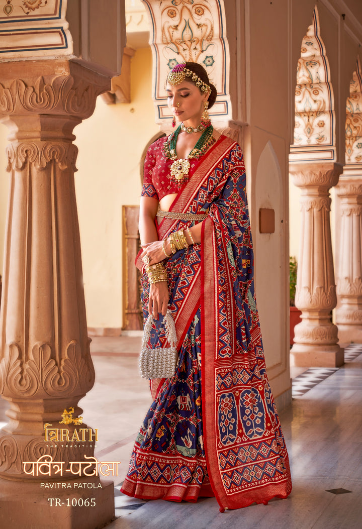 Red & Navy Patola Silk Saree with Geometric and Floral Motifs, Paired with Blouse