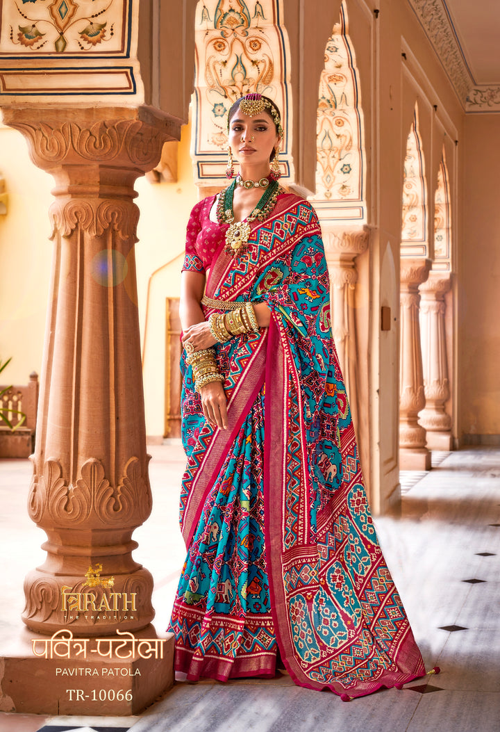Turquoise & Fuchsia Patola Silk Saree with Geometric Motifs, Paired with Blouse